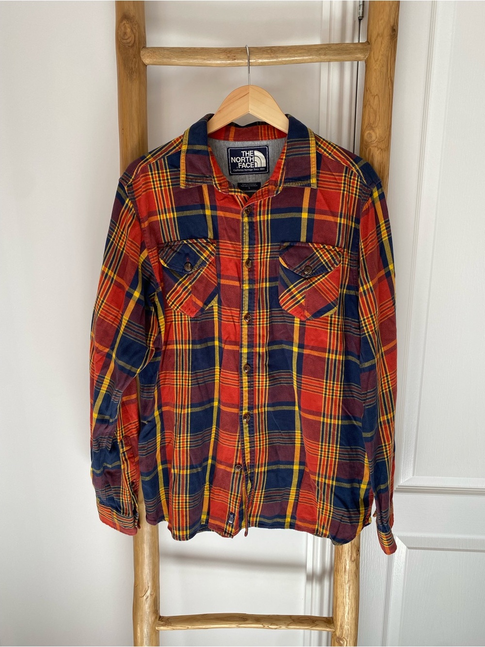 The North Face Men's Sz Large Orange Plaid Flannel Shirt Long Sleeve W/Pockets